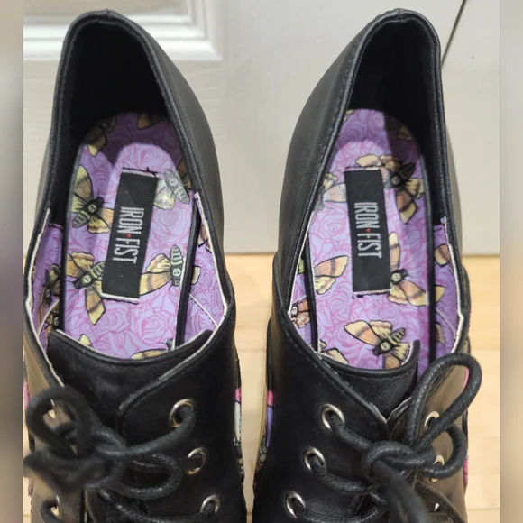 RARE IRON FIST Black Punk Goth Skull Floral Platform Lace Up High Heel Shoes 9 - Picture 9 of 14